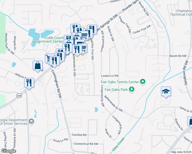 map of restaurants, bars, coffee shops, grocery stores, and more near 620 Springhollow Lane Southwest in Marietta