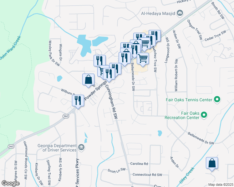 map of restaurants, bars, coffee shops, grocery stores, and more near 6 Cedar Pointe Court Southwest in Marietta