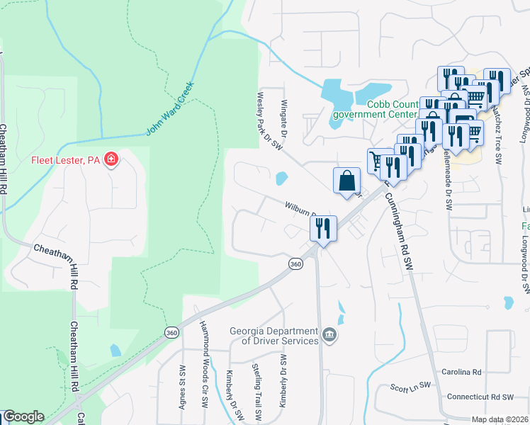 map of restaurants, bars, coffee shops, grocery stores, and more near 1089 Wilburn Drive Southwest in Marietta