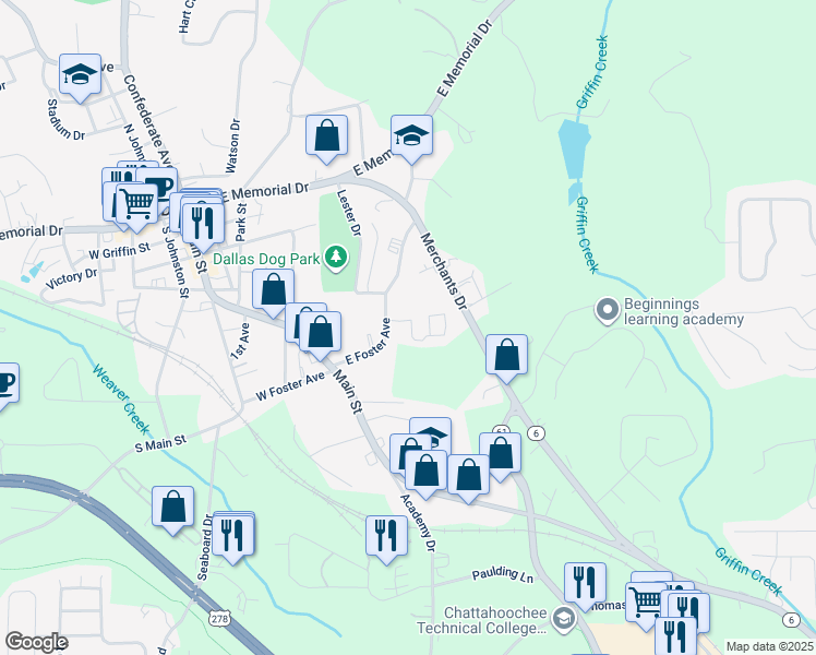 map of restaurants, bars, coffee shops, grocery stores, and more near 113 Foster Lake Road in Dallas