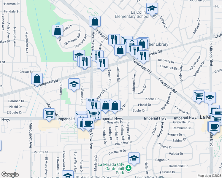map of restaurants, bars, coffee shops, grocery stores, and more near 14326 Tedford Drive East in Whittier