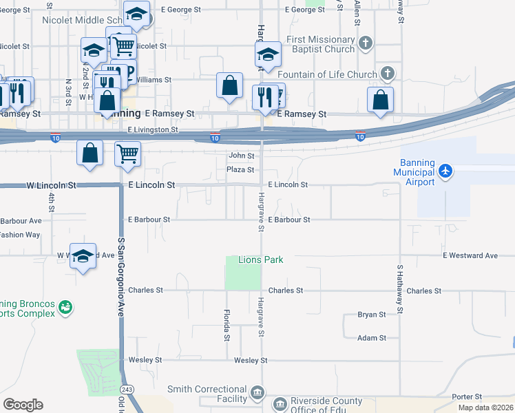 map of restaurants, bars, coffee shops, grocery stores, and more near 486 South Hargrave Street in Banning