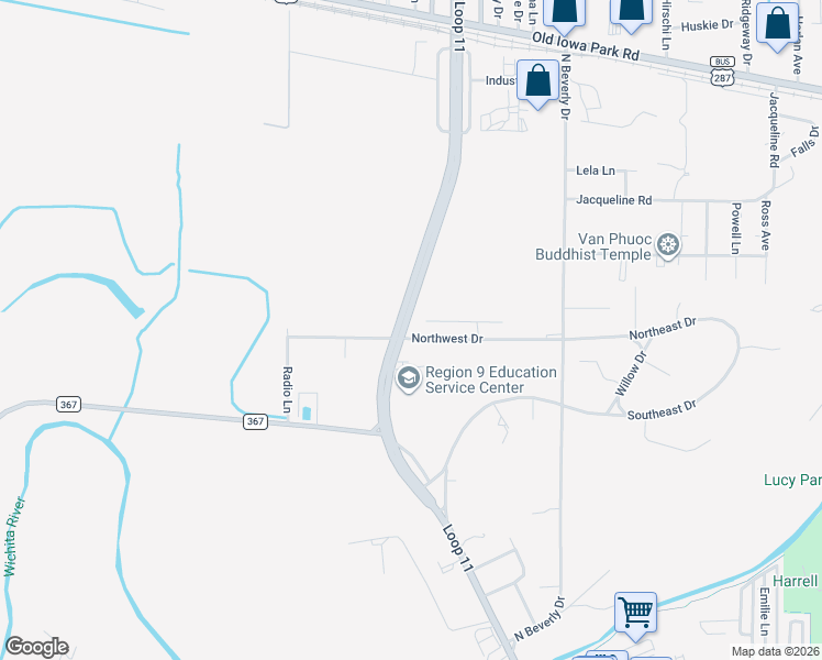 map of restaurants, bars, coffee shops, grocery stores, and more near 3243 Northwest Drive in Wichita Falls