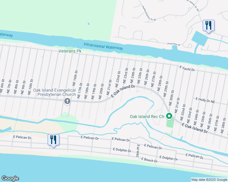 map of restaurants, bars, coffee shops, grocery stores, and more near 2114 East Oak Island Drive in Oak Island
