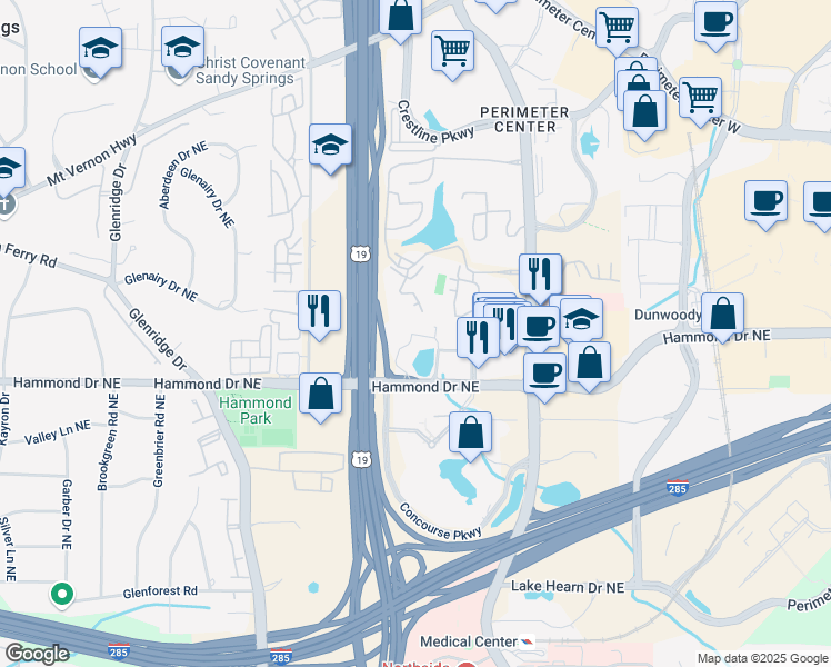 map of restaurants, bars, coffee shops, grocery stores, and more near 980 Hammond Drive in Atlanta