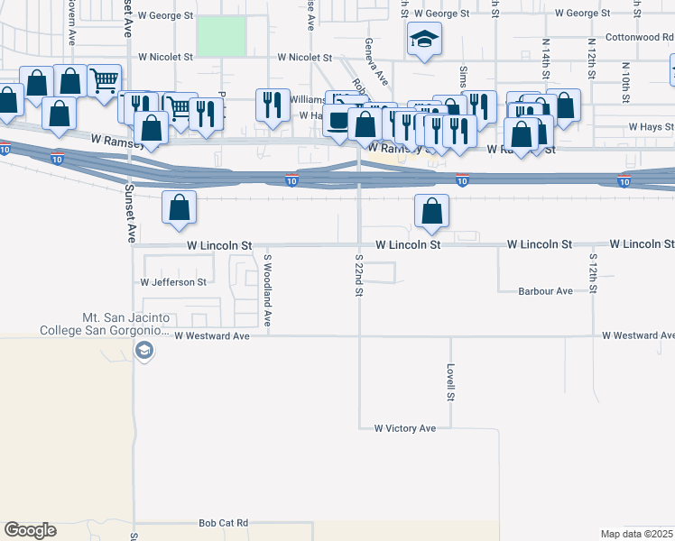 map of restaurants, bars, coffee shops, grocery stores, and more near 505 South 22nd Street in Banning