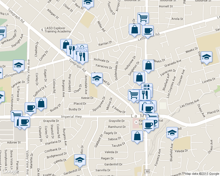 map of restaurants, bars, coffee shops, grocery stores, and more near 12042 Springview Drive in La Mirada