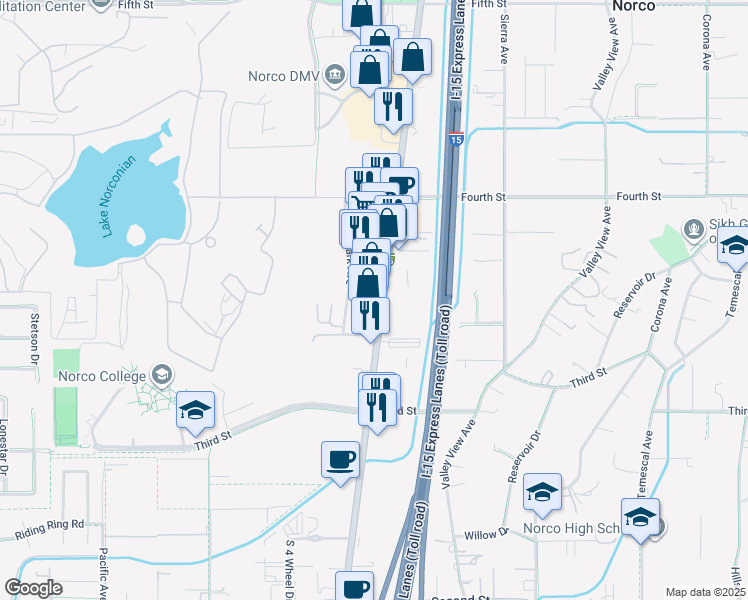 map of restaurants, bars, coffee shops, grocery stores, and more near 2666 Hamner Avenue in Norco
