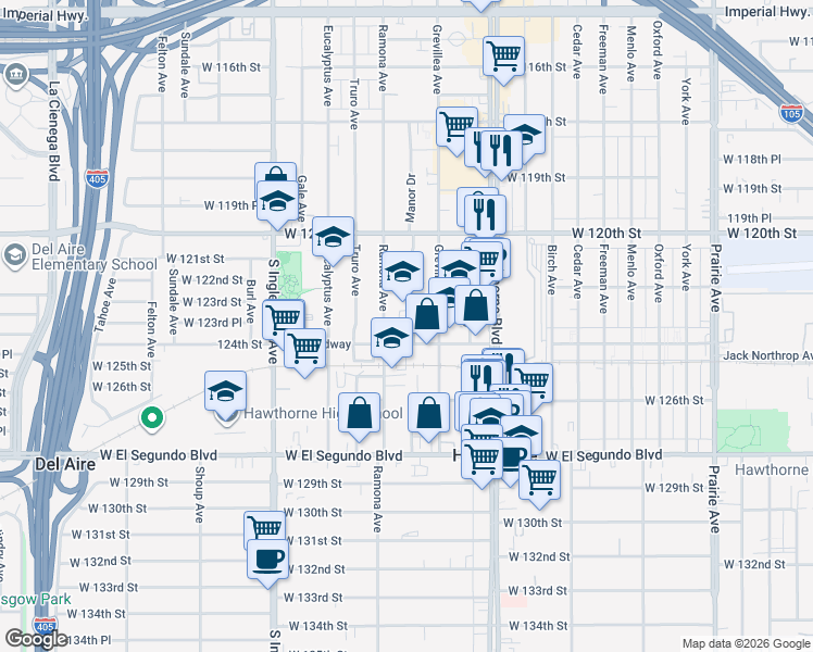 map of restaurants, bars, coffee shops, grocery stores, and more near 12319 Manor Drive in Hawthorne