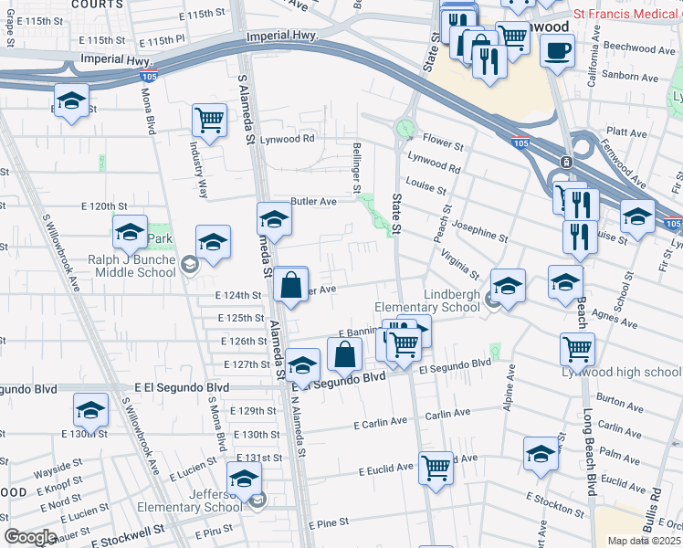 map of restaurants, bars, coffee shops, grocery stores, and more near 503 East Weber Avenue in Compton