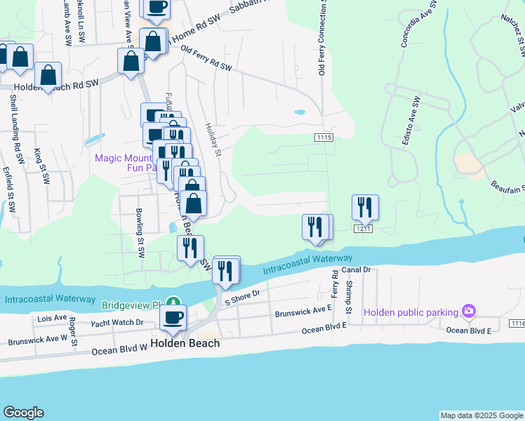 map of restaurants, bars, coffee shops, grocery stores, and more near 1147 Alvin Street Southwest in Brunswick County