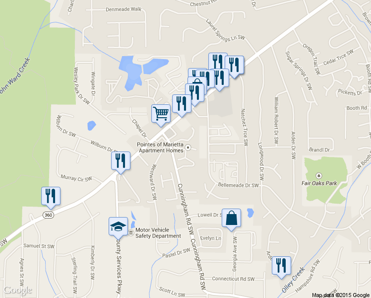map of restaurants, bars, coffee shops, grocery stores, and more near 1526 Maple Springs Ct SW in Marietta