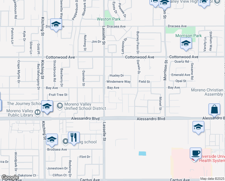 map of restaurants, bars, coffee shops, grocery stores, and more near 13788 Westwind Lane in Moreno Valley