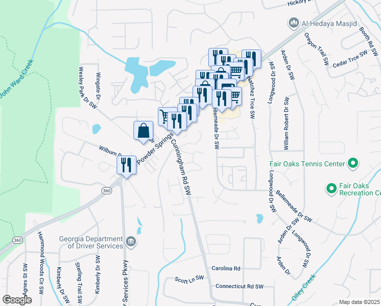 map of restaurants, bars, coffee shops, grocery stores, and more near 1275 Cunningham Road Southwest in Marietta