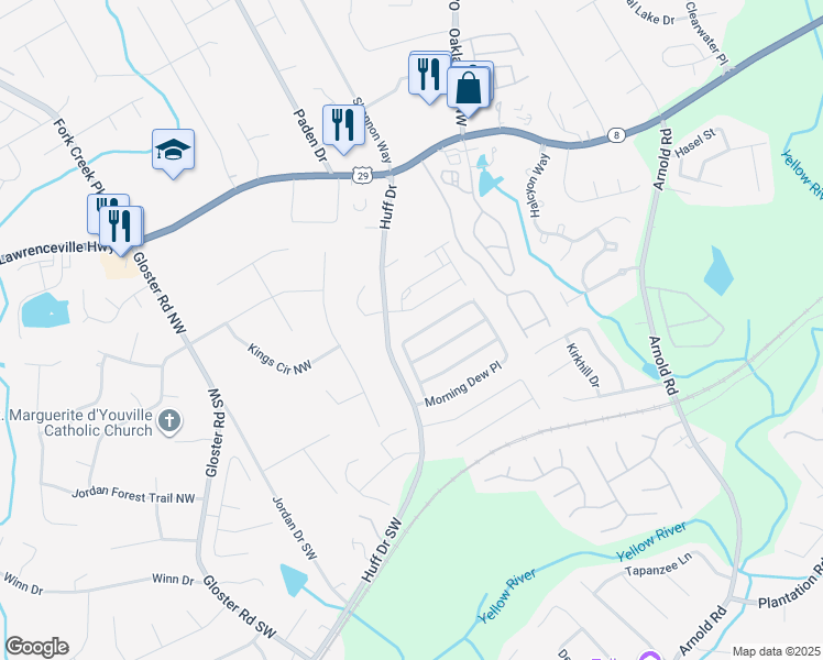 map of restaurants, bars, coffee shops, grocery stores, and more near 2042 Morning Dew Place in Lawrenceville