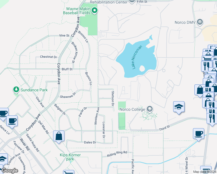 map of restaurants, bars, coffee shops, grocery stores, and more near 3025 Appaloosa Street in Norco