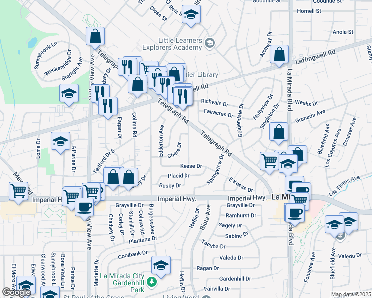 map of restaurants, bars, coffee shops, grocery stores, and more near 12021 Armsdale Avenue in Whittier