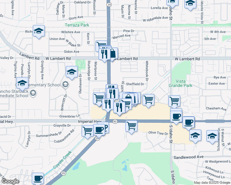 map of restaurants, bars, coffee shops, grocery stores, and more near 963 Glencliff Street in La Habra