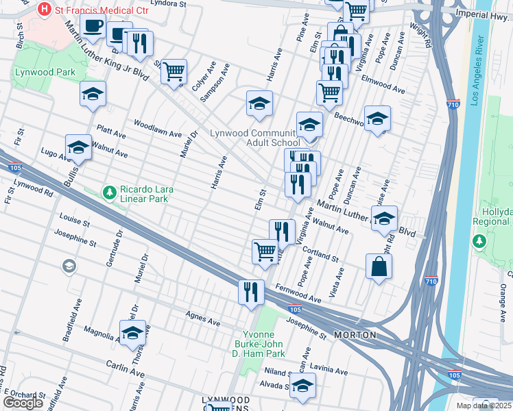 map of restaurants, bars, coffee shops, grocery stores, and more near 4296 Walnut Avenue in Lynwood