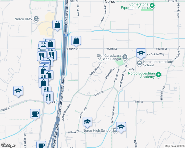 map of restaurants, bars, coffee shops, grocery stores, and more near 2677 Valley View Avenue in Norco