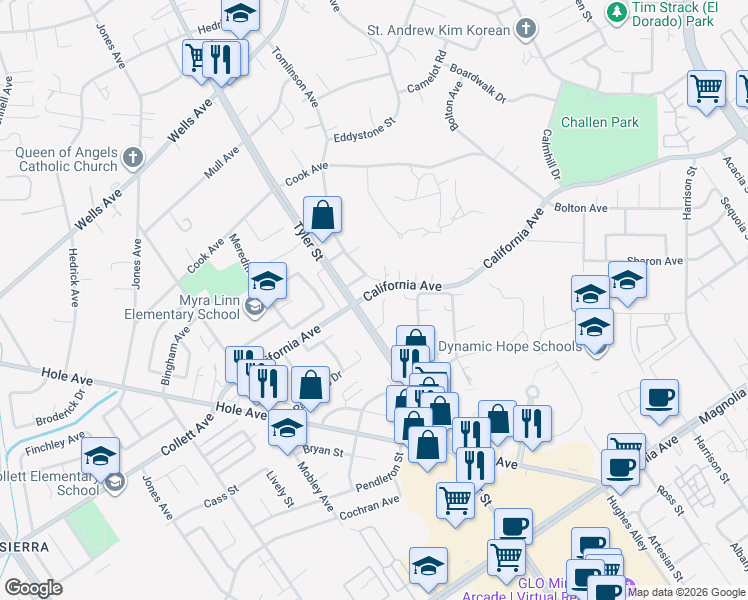 map of restaurants, bars, coffee shops, grocery stores, and more near 10233 Clara Vista Lane in Riverside