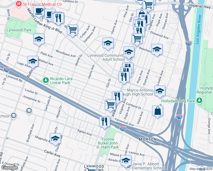 map of restaurants, bars, coffee shops, grocery stores, and more near 4296 Walnut Avenue in Lynwood