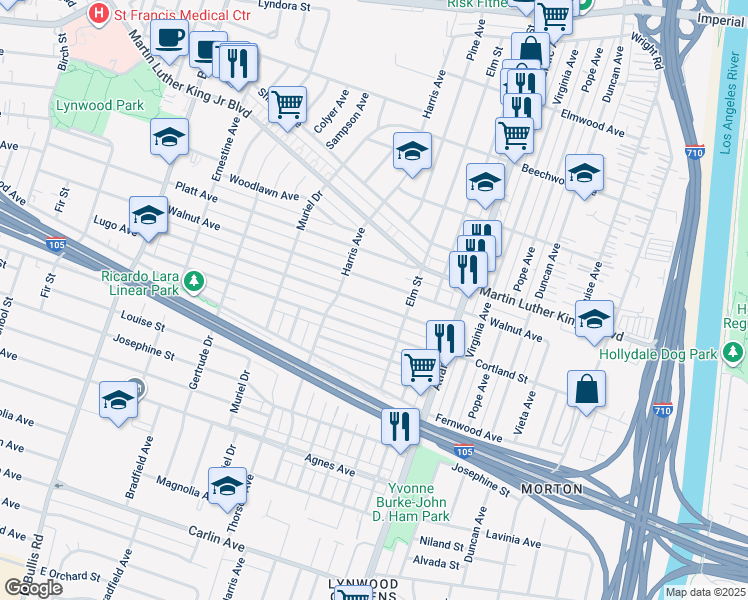 map of restaurants, bars, coffee shops, grocery stores, and more near 4245 Lugo Avenue in Lynwood