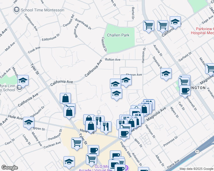 map of restaurants, bars, coffee shops, grocery stores, and more near 10000 County Farm Road in Riverside