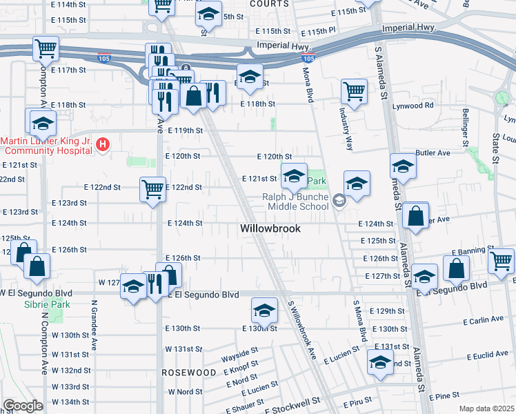 map of restaurants, bars, coffee shops, grocery stores, and more near 12300 South Willowbrook Avenue in Compton