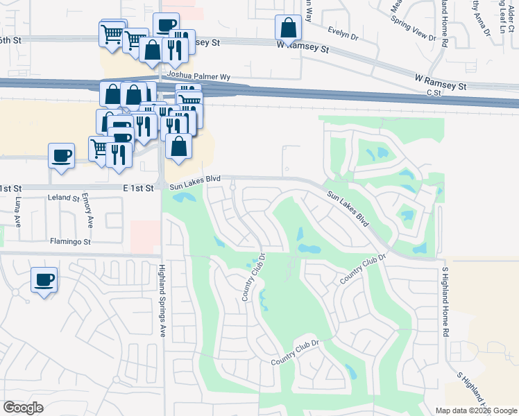 map of restaurants, bars, coffee shops, grocery stores, and more near 5785 Riviera Avenue in Banning
