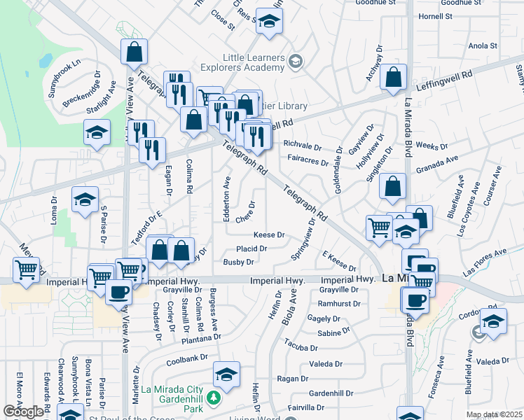 map of restaurants, bars, coffee shops, grocery stores, and more near 12021 Armsdale Avenue in Whittier
