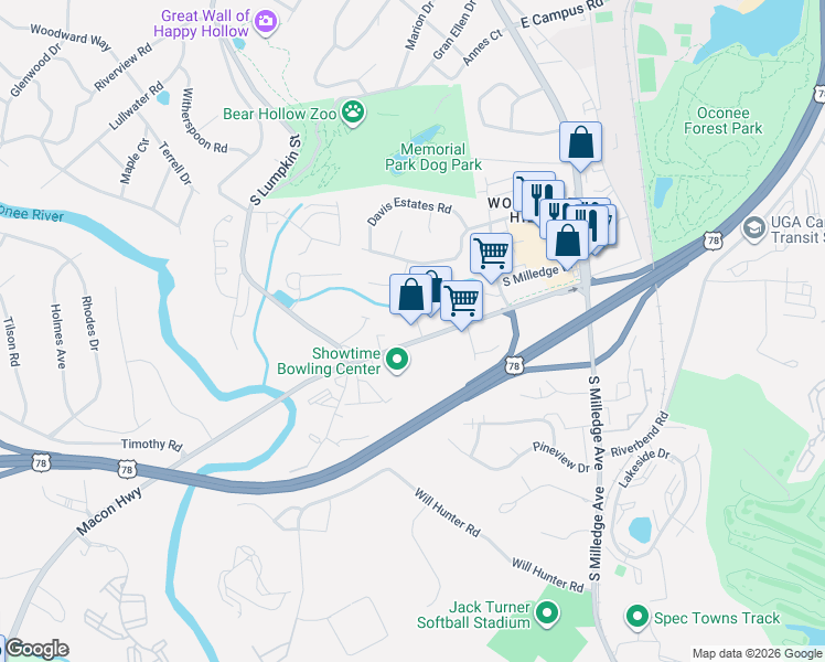 map of restaurants, bars, coffee shops, grocery stores, and more near 520 Macon Highway in Athens