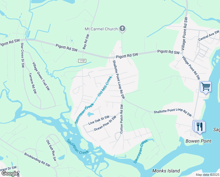map of restaurants, bars, coffee shops, grocery stores, and more near 4390 Audell Street Southwest in Shallotte