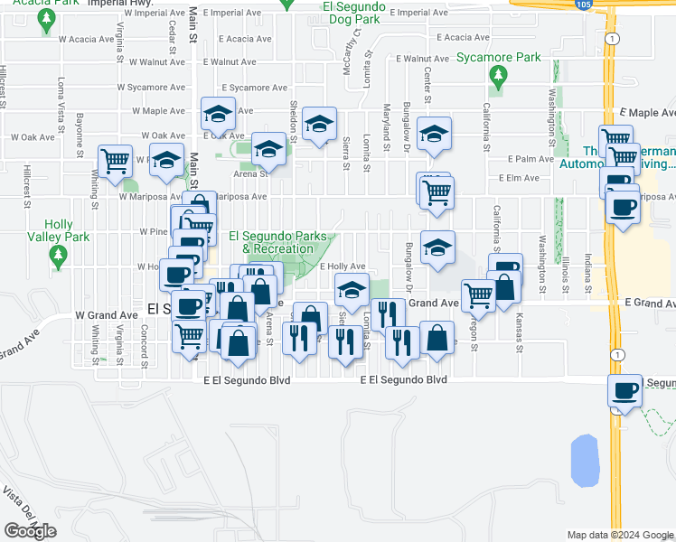 map of restaurants, bars, coffee shops, grocery stores, and more near 626 East Holly Avenue in El Segundo