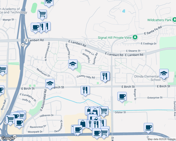 map of restaurants, bars, coffee shops, grocery stores, and more near 2418 Rainbow Lane in Brea
