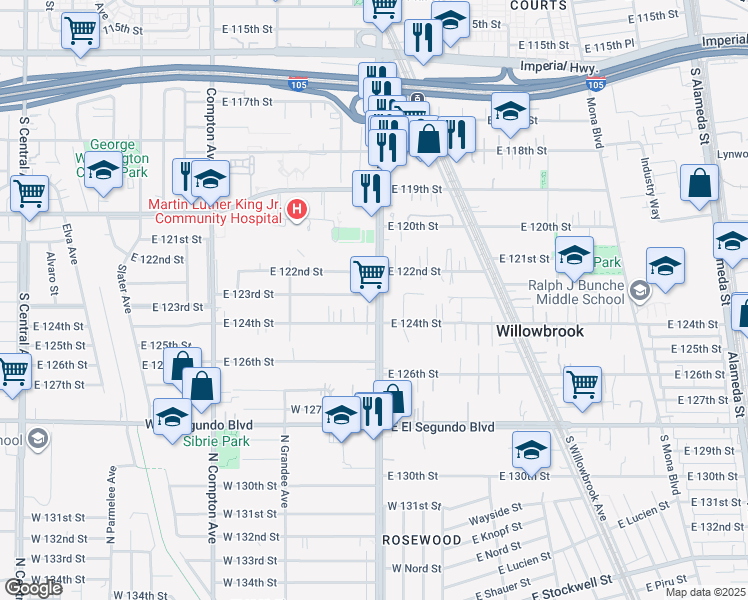 map of restaurants, bars, coffee shops, grocery stores, and more near 12303 Wilmington Avenue in Compton