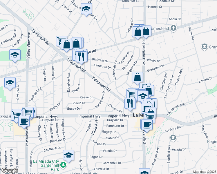 map of restaurants, bars, coffee shops, grocery stores, and more near 12042 Springview Drive in La Mirada