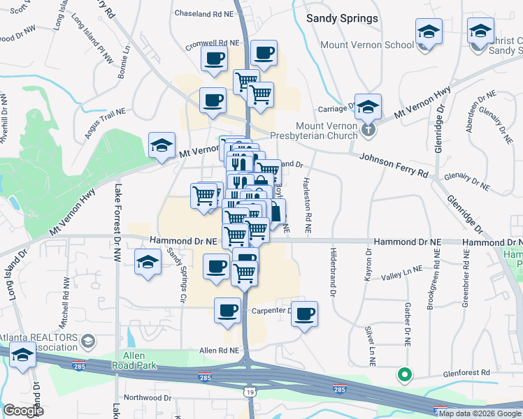 map of restaurants, bars, coffee shops, grocery stores, and more near in Sandy Springs