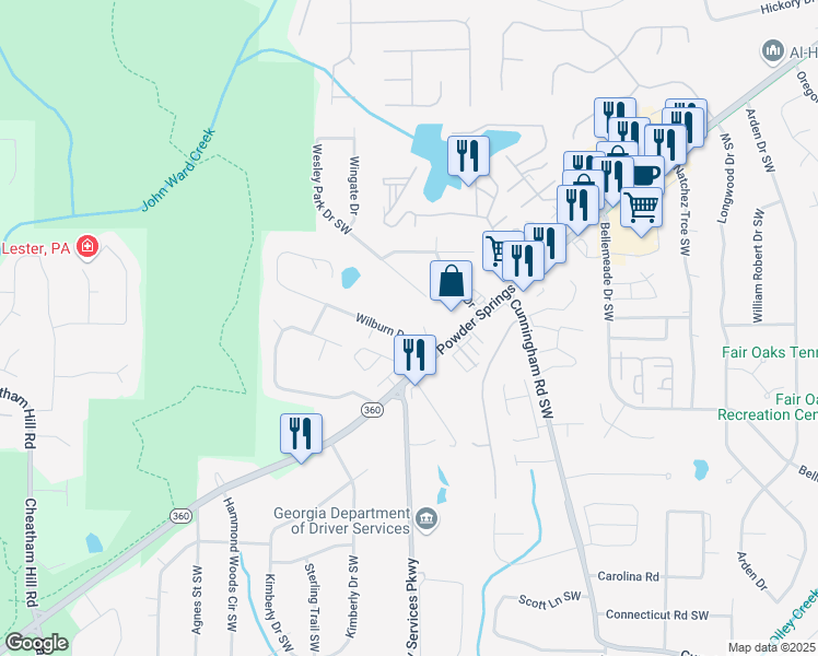 map of restaurants, bars, coffee shops, grocery stores, and more near 1250 Powder Springs Road Southwest in Marietta