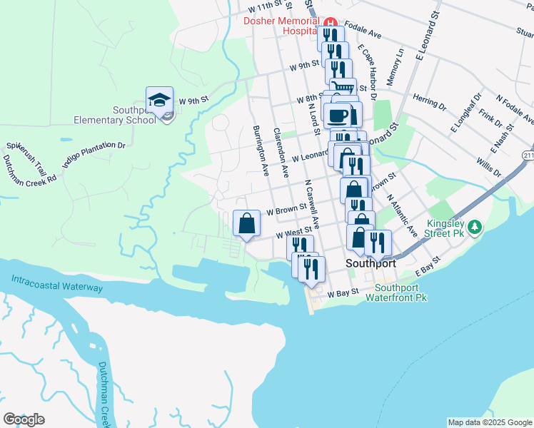 map of restaurants, bars, coffee shops, grocery stores, and more near 612 West Brown Street in Southport