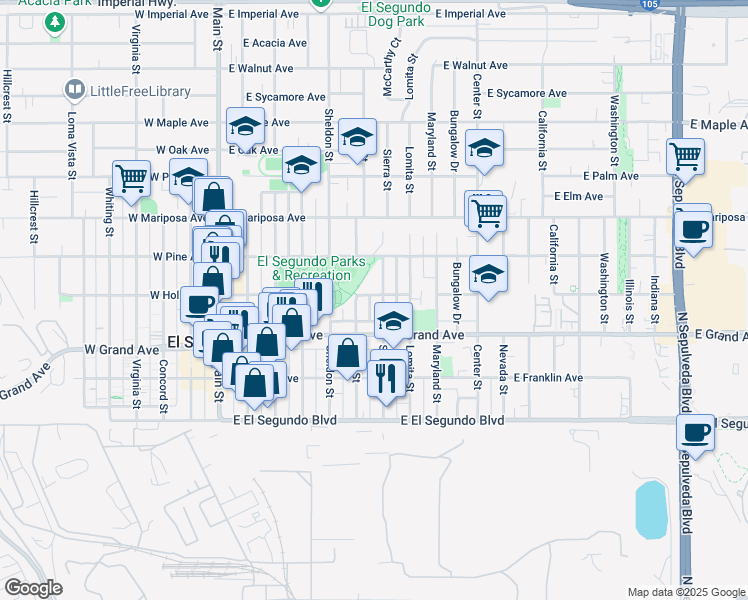 map of restaurants, bars, coffee shops, grocery stores, and more near 622 East Holly Avenue in El Segundo