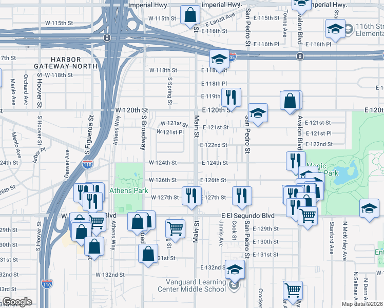 map of restaurants, bars, coffee shops, grocery stores, and more near 12219 Main Street in Los Angeles