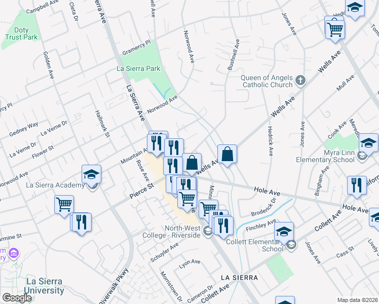 map of restaurants, bars, coffee shops, grocery stores, and more near 11021 Bushnell Avenue in Riverside