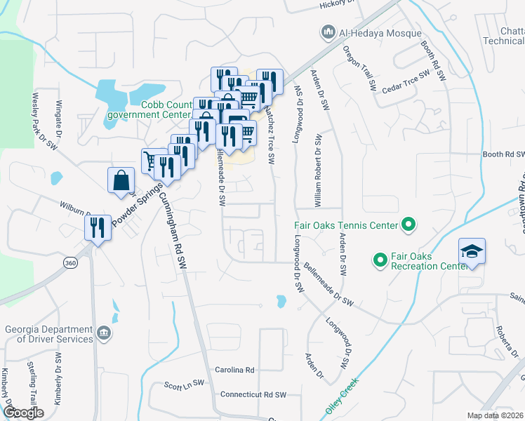 map of restaurants, bars, coffee shops, grocery stores, and more near 633 Springhollow Drive Southwest in Marietta