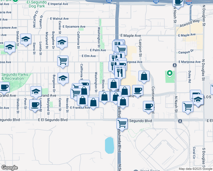 map of restaurants, bars, coffee shops, grocery stores, and more near 400 Illinois Street in El Segundo