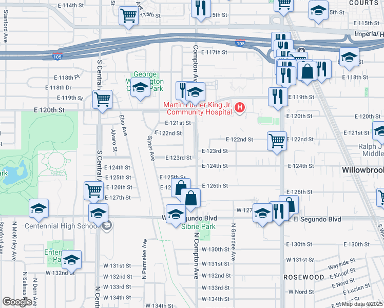 map of restaurants, bars, coffee shops, grocery stores, and more near 12239 Compton Avenue in Los Angeles