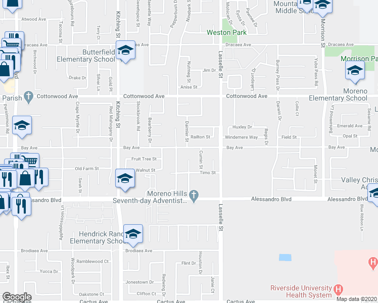 map of restaurants, bars, coffee shops, grocery stores, and more near 25839 Bay Avenue in Moreno Valley