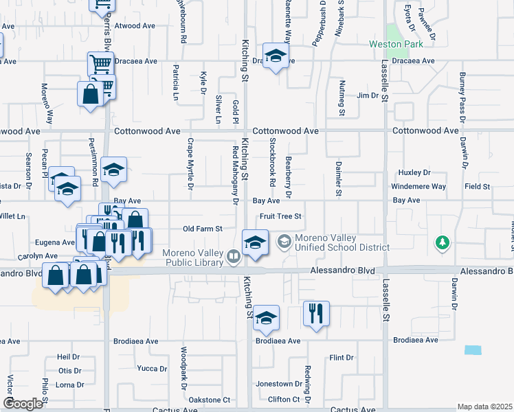 map of restaurants, bars, coffee shops, grocery stores, and more near 25501 Bay Avenue in Moreno Valley