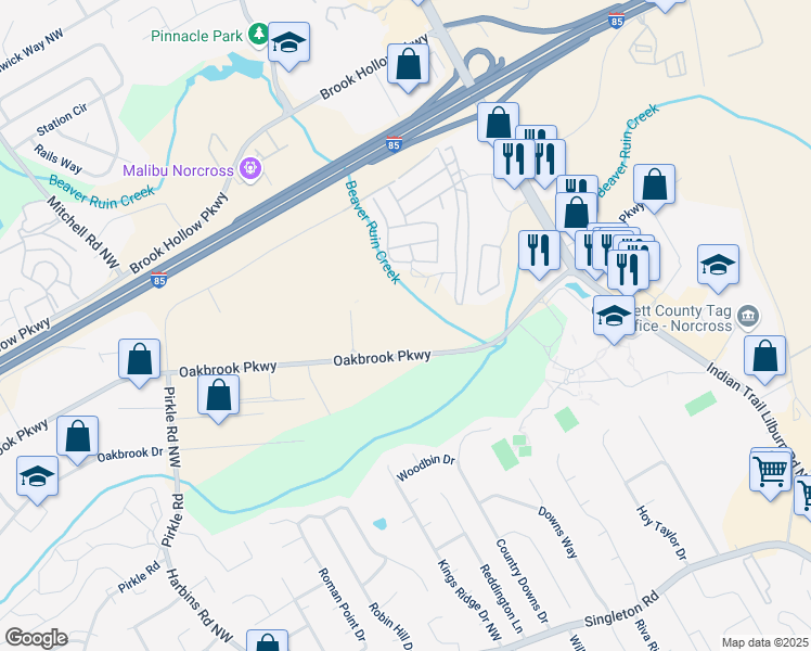 map of restaurants, bars, coffee shops, grocery stores, and more near 5325 Oakbrook Parkway in Norcross