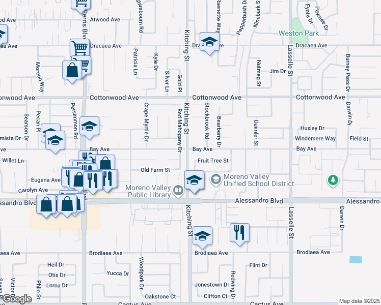 map of restaurants, bars, coffee shops, grocery stores, and more near 25501 Bay Avenue in Moreno Valley